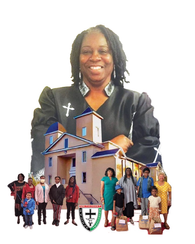 Pastor Rheunnette Haire with members of Greater Mt. Zion A.M.E. Church and the church building