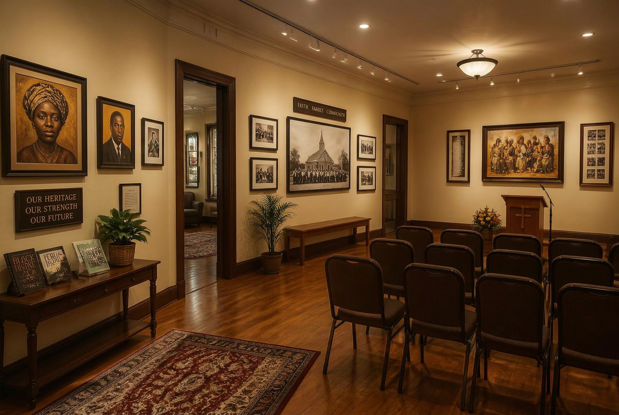 The Fellowship Hall gallery hung with portraits and historic photographs