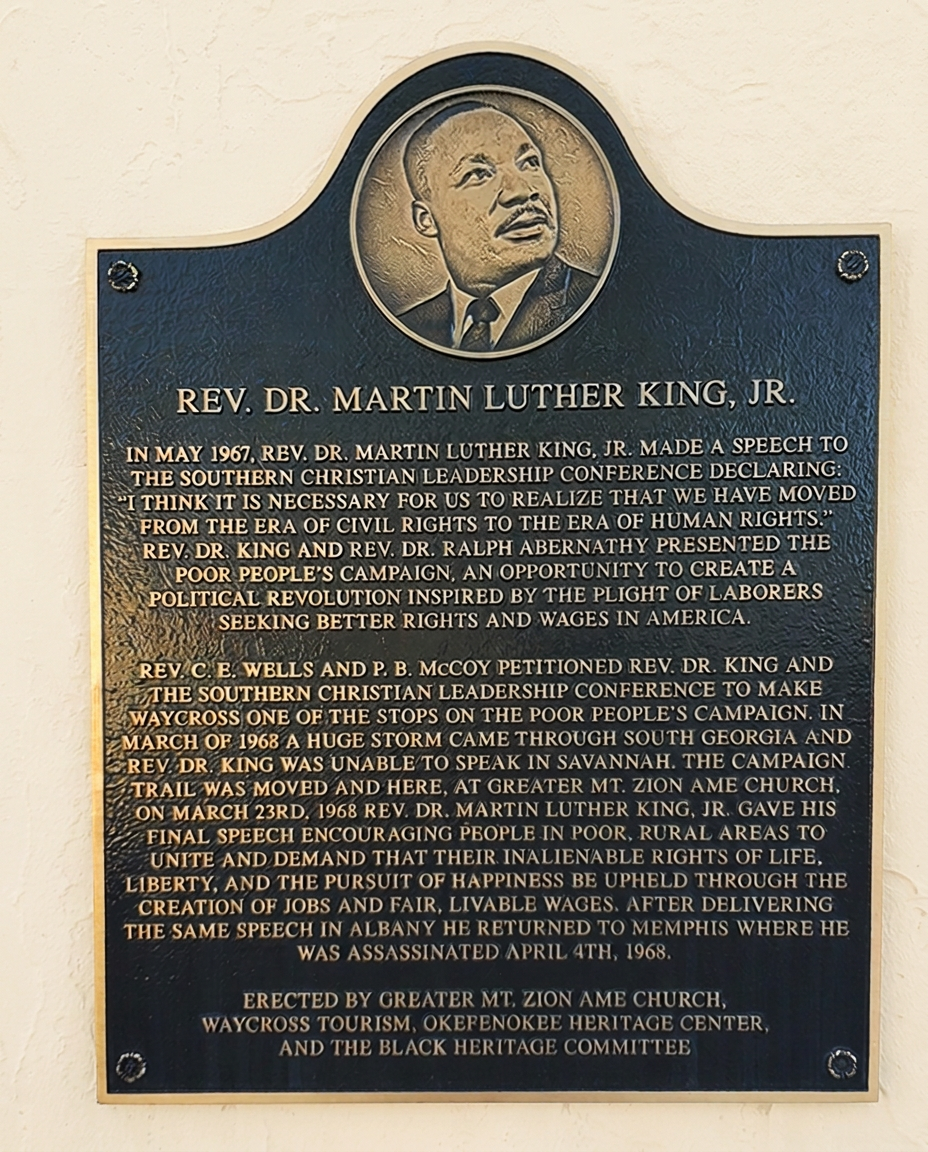 Memorial plaque honoring Rev. Dr. Martin Luther King Jr.'s March 23, 1968 speech at Greater Mt. Zion A.M.E. Church in Waycross, Georgia